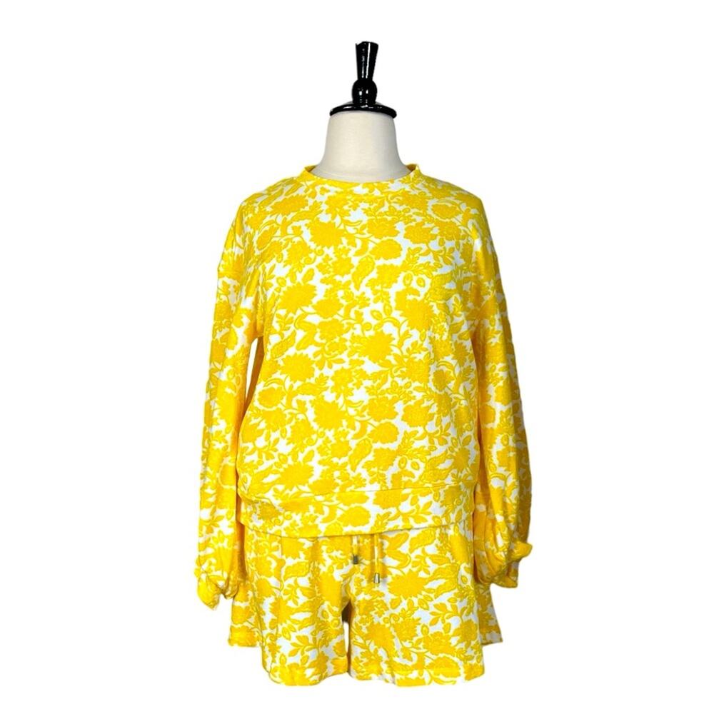 Who What Wear New Terry Sweatshirt Short Set Yellow White Floral Women’s Size XL